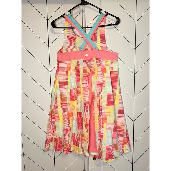 Kenzo Kids Girl’s Medium Pink Green Criss Cross Printed Apron Midi Sun Dress - Picture 2 of 9